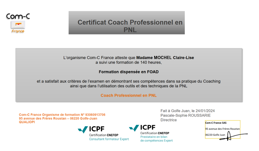 diplôme de coach professionnel certifié Claire Lise
